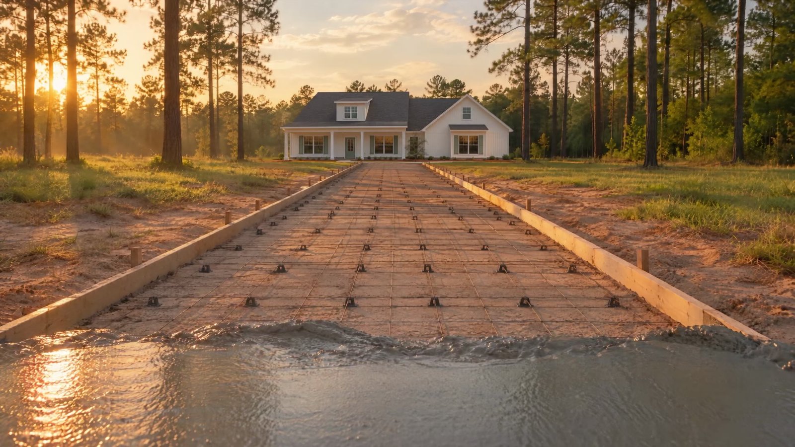 A formed driveway with steel mesh before the pour